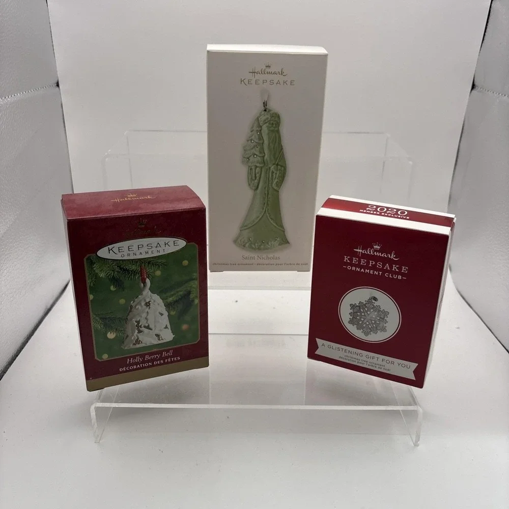 Hallmark Keepsake Ornaments~Lot of 3~Holly Berry Bell, Snowflake, and St. Nichol